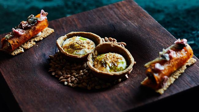 Snacks to start include wallaby wrapped in chewy egg yolk, and a delightful tart filled with macadamia cream.