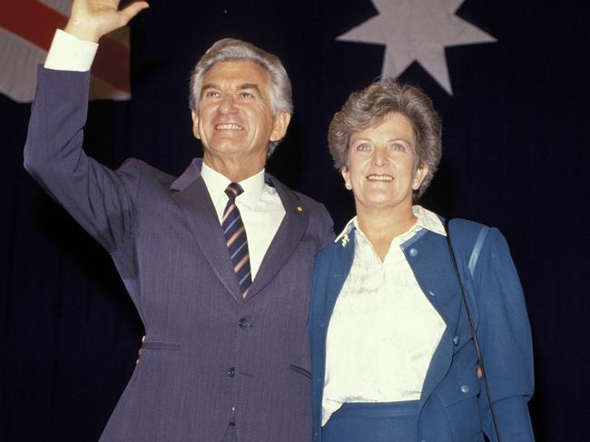 Bob Hawke with his wife Hazel after being re-elected prime minister in 1987. Picture: Patrick Riviere/Getty Images