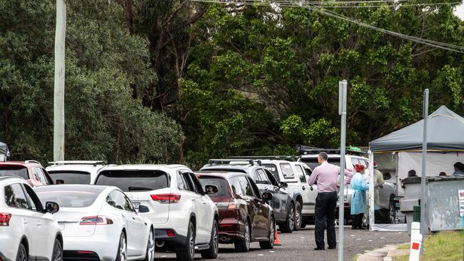 Long queues at a new testing clinic at Castle Hill showground. Picture: Monique Harmer