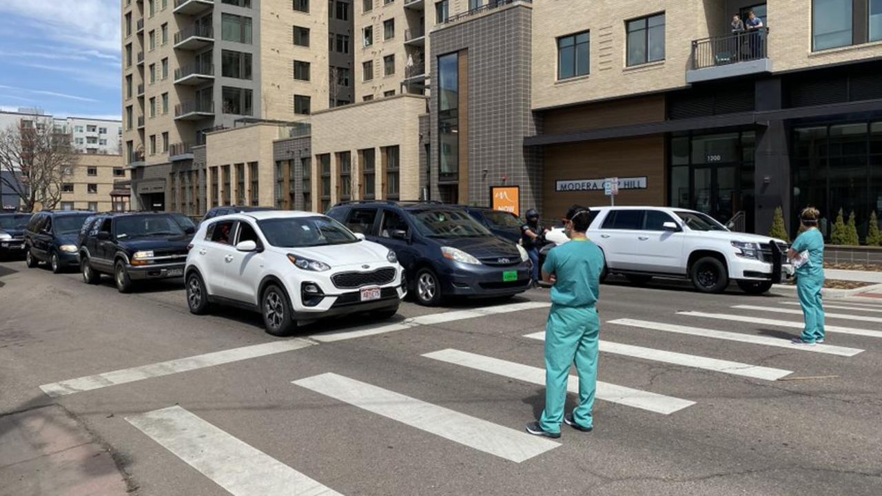 The healthcare workers were standing on the road to remind people why it was important they stay home. Picture: Alyson McClaren