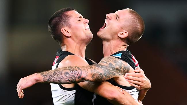 Hamish Hartlett celebrates with Ryan Burton. Picture: Getty Images