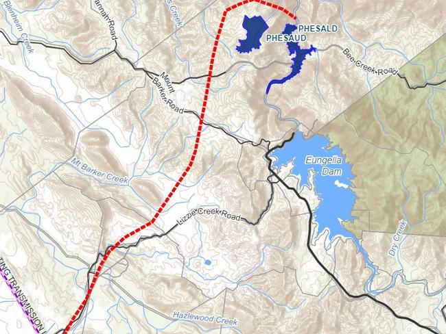 The Capricornia Energy Hub (upper right) is located in the Mackay hinterland west of Eungella. The new transmission line (in red) links up with a pre-existing cable (bottom left). Picture: Contributed