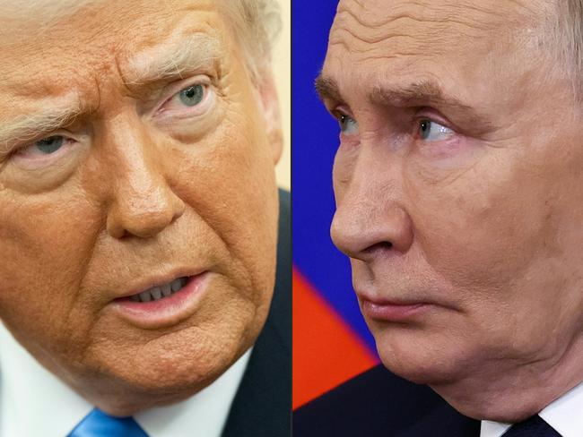 (COMBO) This combination of pictures created on February 12, 2025 shows (L-R) US President Donald Trump in Washington, DC, on February 11, 2025 and Russian President Vladimir Putin  in Moscow on January 17, 2025. Russian President Vladimir Putin told his US counterpart Donald Trump in a phone call on February 12, 2025, that "peaceful negotiations" on ending the Ukraine conflict were possible, the Kremlin said. (Photo by SAUL LOEB and Evgenia Novozhenina / various sources / AFP)