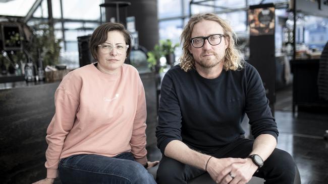 Nicole Gilliver co-owner of Grandvewe Cheese wants to see Tassie commit to a plan to reopening borders, for the sake of tourism businesses like hers. Photograph shows Nicole Gilliver and Rob Peart, Manager Brooke Street Pier &amp; Peppermint Bay. Picture Eddie Safarik