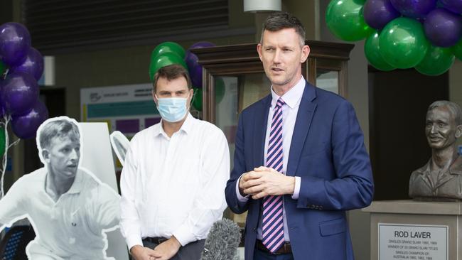 Tennis Qld CEO Mark Handley with Minister Mark Bailey. Thursday July 8, 2021. Picture Renae Droop