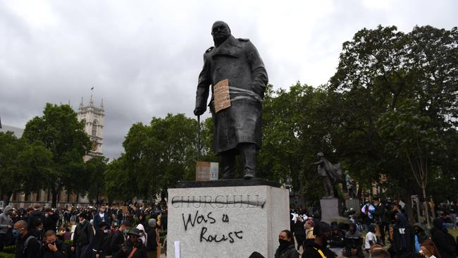 Protesters gather in Parliament Square Garden around the statue of Winston Churchill outside the Houses of Parliament in Westminster during a Black Lives Matter protest in 2020. Picture: Getty Images