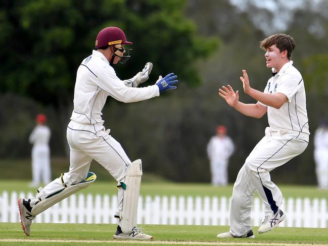 Brisbane Grammar School players celebrate a wicketGPS First XI cricket between Brisbane Grammar School and Terrace.Saturday February 12, 2022. Picture, John Gass