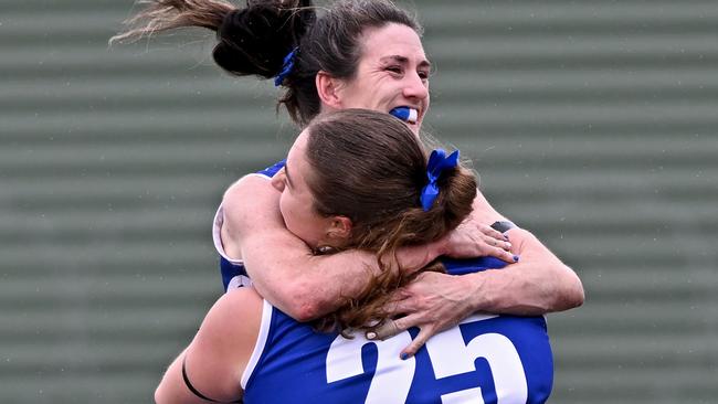 Jacinta Brew celebrates a goal with Chiara Chiavaroli. Picture: Andy Brownbill