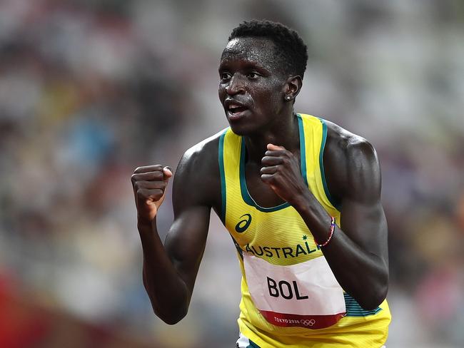 Peter Bol celebrates after his win. (Photo by Matthias Hangst/Getty Images)