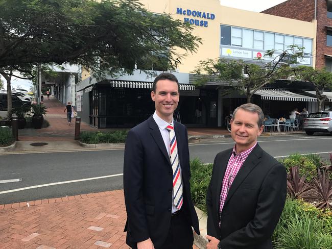 James Crawford and Darrell irwin of Colliers International outside McDonald House at Burleigh Heads, which has sold for $8.3 million.