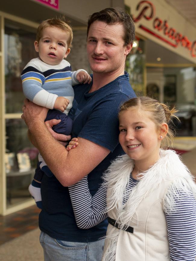 Charlie Crocker, 29, with daughter Marley, 10, and son Digby, 1, in Goulburn. Picture: Sean Davey