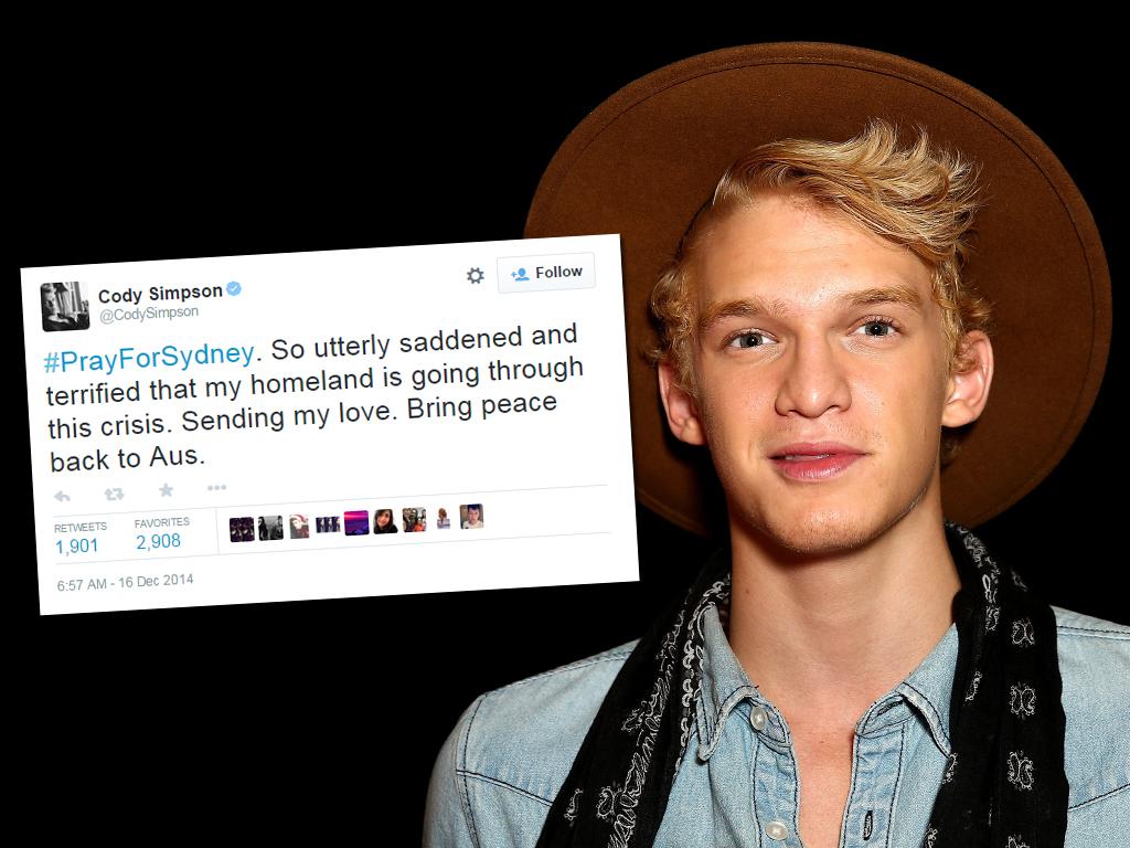 Cody Simpson: “#PrayForSydney. So utterly saddened and terrified that my homeland is going through this crisis. Sending my love. Bring peace back to Aus.” Picture: Getty