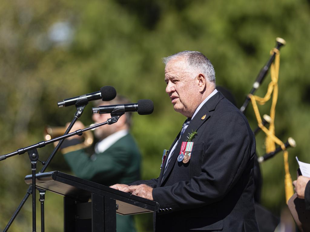 Des Robertson recites The Ode on behalf of the Citizens of Toowoomba at the Anzac Day mid-morning service at the Mothers' Memorial, Thursday, April 25, 2024. Picture: Kevin Farmer