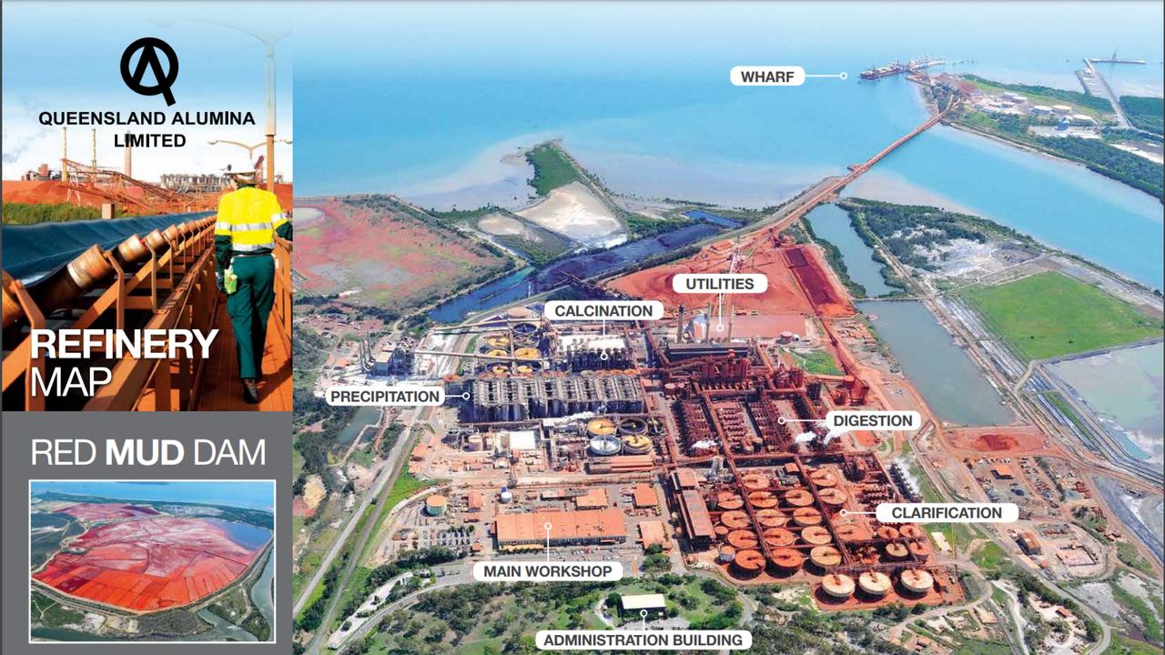 A site map of Queensland Alumina Limited explaining the features of the alumina refinery, which was once the world's biggest. Picture: Rio Tinto.