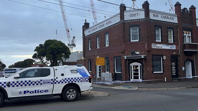 Police at the Sir Charles Hotham Hotel in Geelong. Picture: Eddie Russell