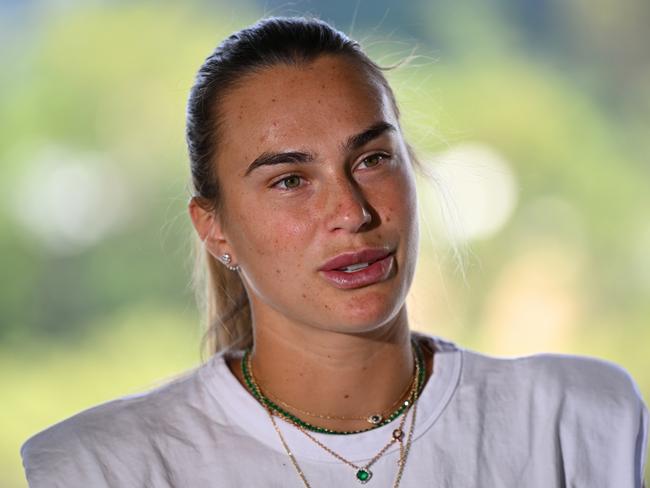 BRISBANE, AUSTRALIA - DECEMBER 24: Aryna Sabalenka speaks to the media ahead of the 2025 Brisbane International at Kangaroo Point Lookout on December 24, 2024 in Brisbane, Australia. (Photo by Albert Perez/Getty Images for Tennis Australia)