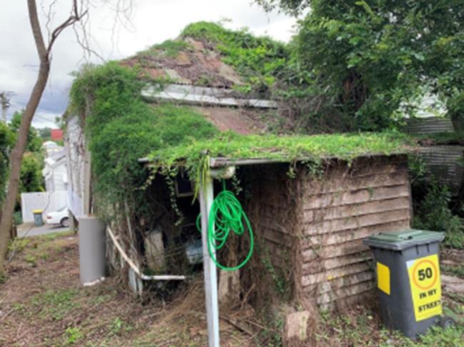 An independent assessment of 8 Sackville St, Milton, shows vegetation growth to roof, rear and south walls. Picture: Supplied