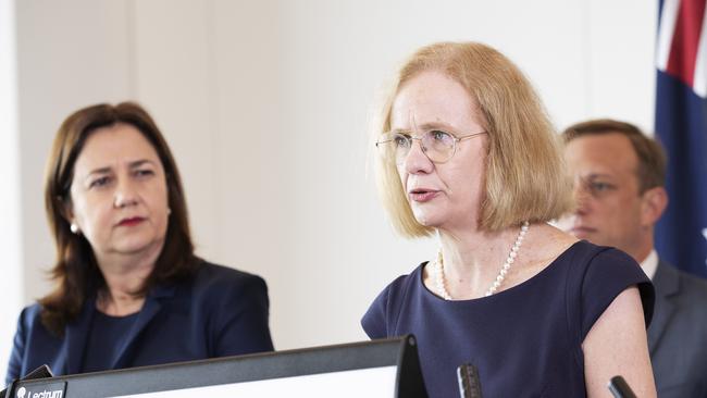 Chief Health Officer Dr Jeannette Young with Premier Annastacia Palaszczuk and Health Minister Stephen Miles on Friday. Picture: Attila Csaszar/AAP