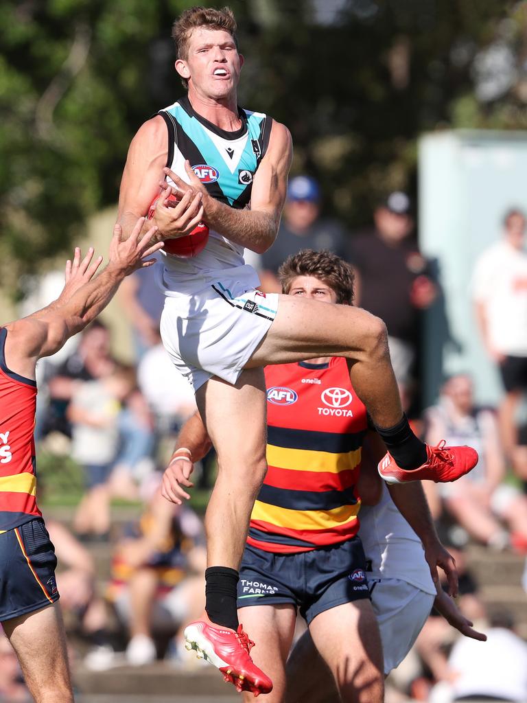 Mitch Georgiades takes a strong mark against the Crows. Picture: Sarah Reed/AFL Photos