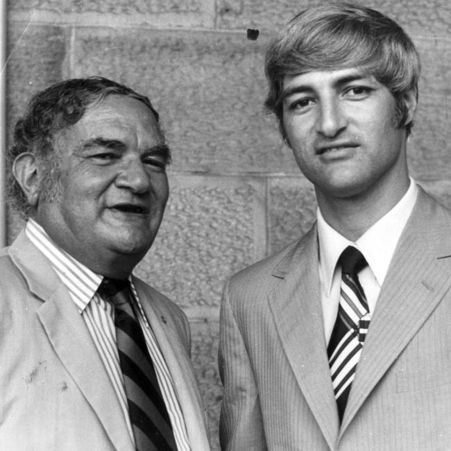 26 February 1975 --- Father and son parliamentary representatives, the Federal Party member for Kennedy Bob Katter Snr (left) and the State National Party member for Flinders Robert (Bob) Katter Jnr at the opening of state parliament.