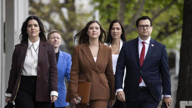 Brittany Higgins with her partner David Sharaz arrived at court for the trial with her mum Kelly Higgins. Picture: NCA NewsWire / Gary Ramage