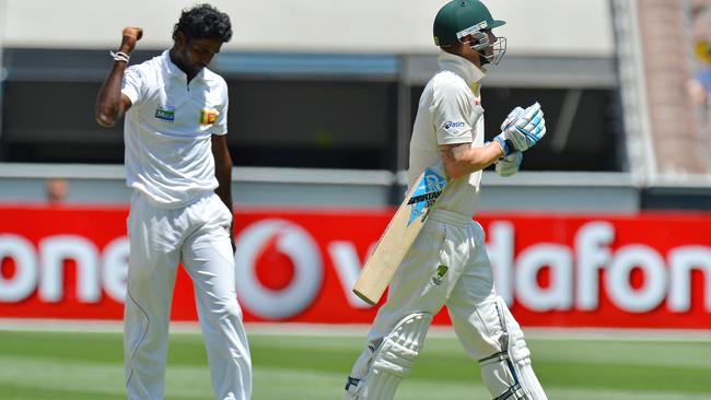 Shaminda Eranga celebrates taking the wicket of Australian captain Michael Clarke in the Boxing Day Test at the MCG in 2012.