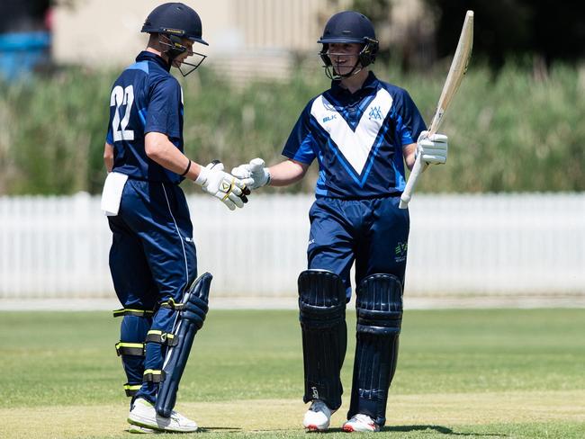 Jake Fraser-McGurk raises the bat after making a ton for Victoria Metro at the under-17s national championships. Picture: Cricket Australia