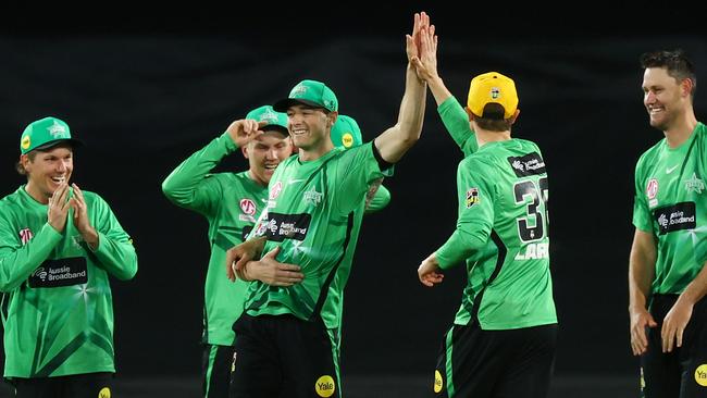 Brody Couch celebrates one of his two stunning catches. Picture: Mark Nolan/Getty Images