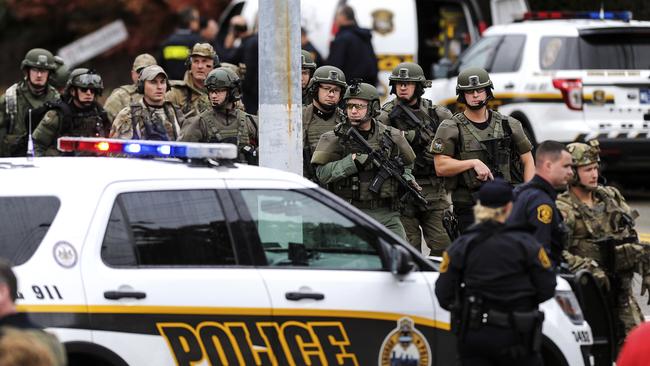 A SWAT team secures the scene at the Tree of Life Synagogue. Picture: AP