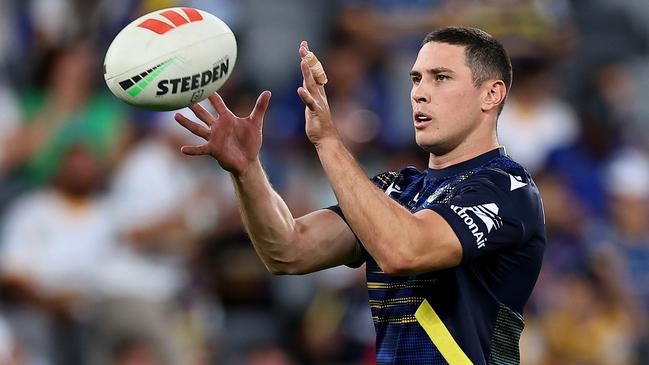 There’ll be fireworks on Friday night when Mitchell Moses runs out for NRL game 200, but the explosions came early at a fiery press conference on Monday when the Eels halfback was quizzed about his ongoing contract negotiations. Picture: Cameron Spencer / Getty Images