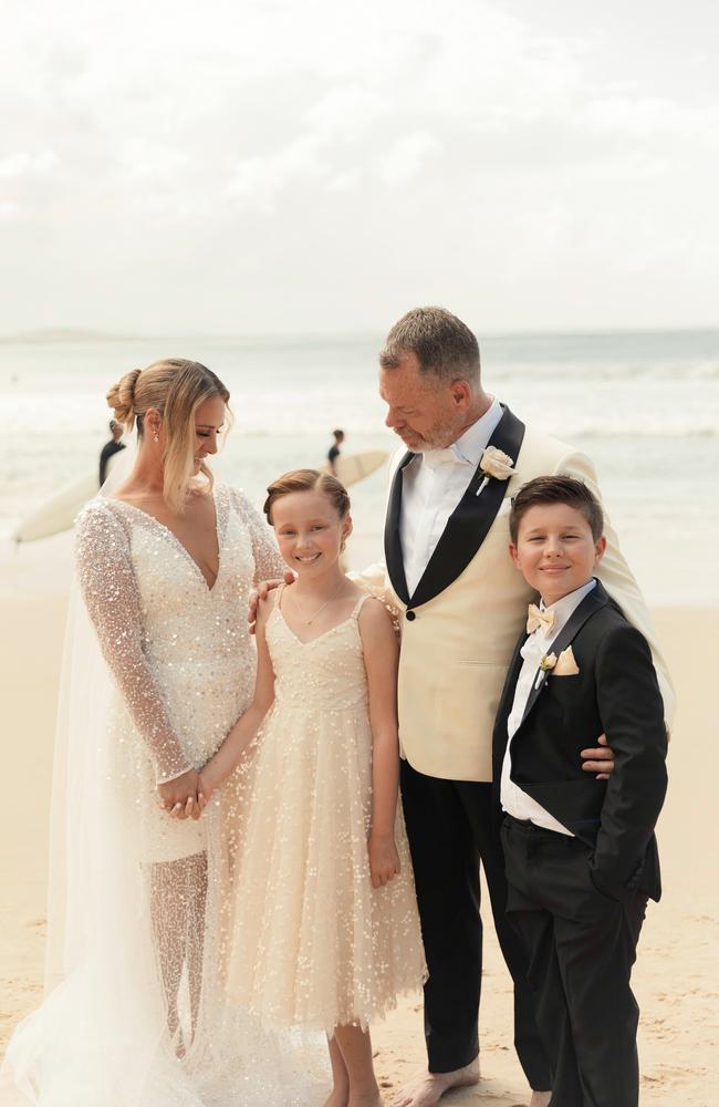 The wedding of Alex Hyndman Hill and Warren Jiear with Alex’s children, Olivia and Alfie. Pictures: Grace Elizabeth