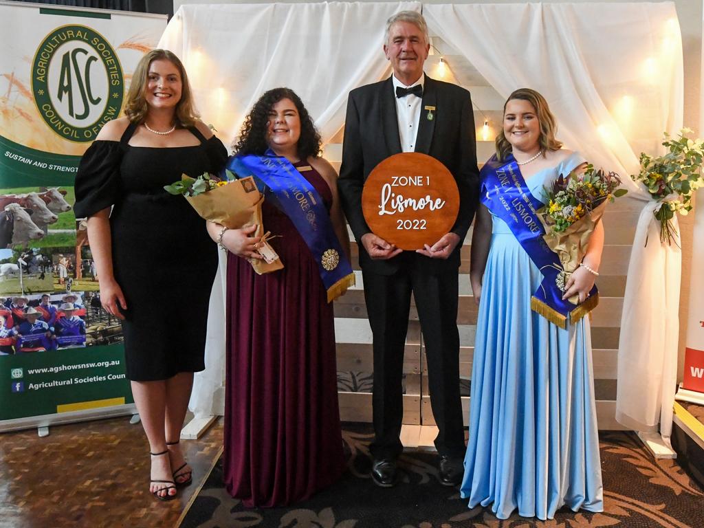 From left: Jessica Neale (current Sydney Royal Showgirl 2020), winner zone 2 Gypsy-Lee Marshall from Taree, President ASC, now AgShows, Tim Capp and zone 1 winner Jenna Robinson from Lismore.