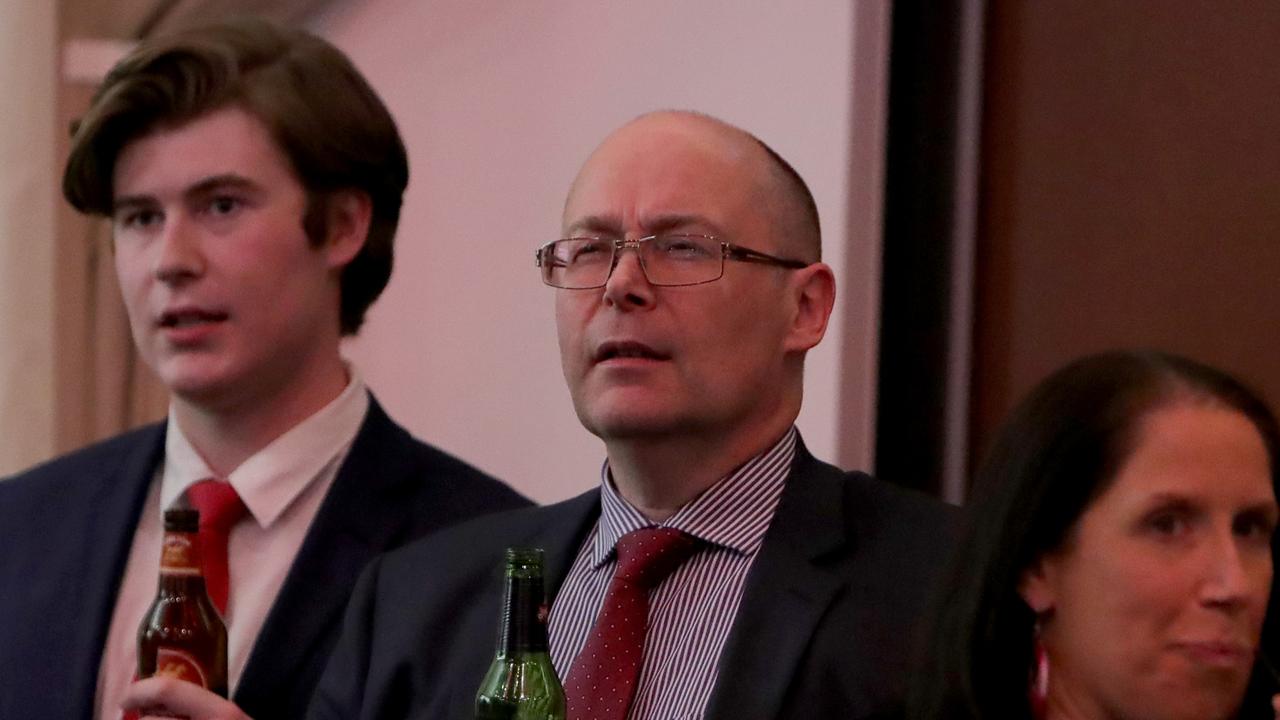 Bill Shorten's twin brother Robert (centre) at the 2019 ALP Election Night function. Picture: Stuart McEvoy