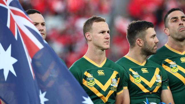 Daly Cherry-Evans and Australian teammates prior to Australia’s Test against Tonga. Picture; Fiona Goodall/Getty Images.