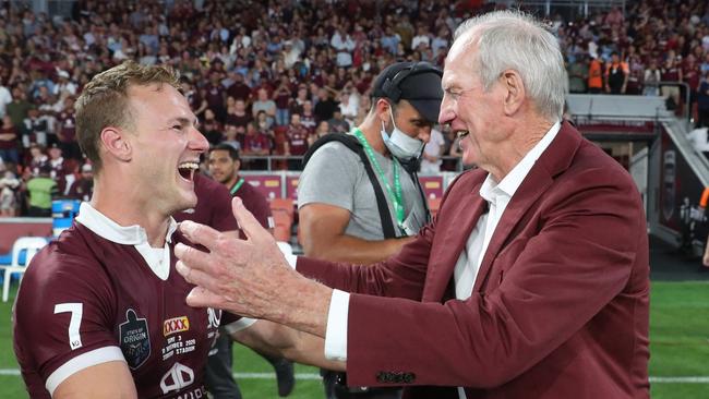 Daly Cherry-Evans hugs Wayne Bennett. Queensland vs New South Wales during game 3 of the State of Origin series in Brisbane.  Pic Peter Wallis