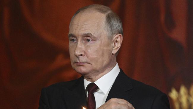 Russian President Vladimir Putin attends the Orthodox Easter service at Christ the Saviour Cathedral in Moscow, Russia. Picture: AP