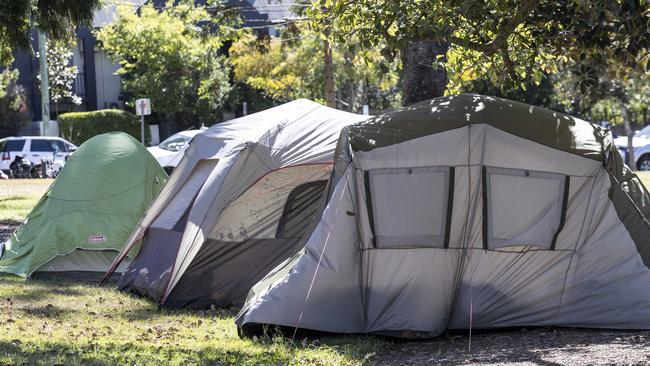 Homeless people living in tents at Musgrave Park. Picture: Matthew Poon