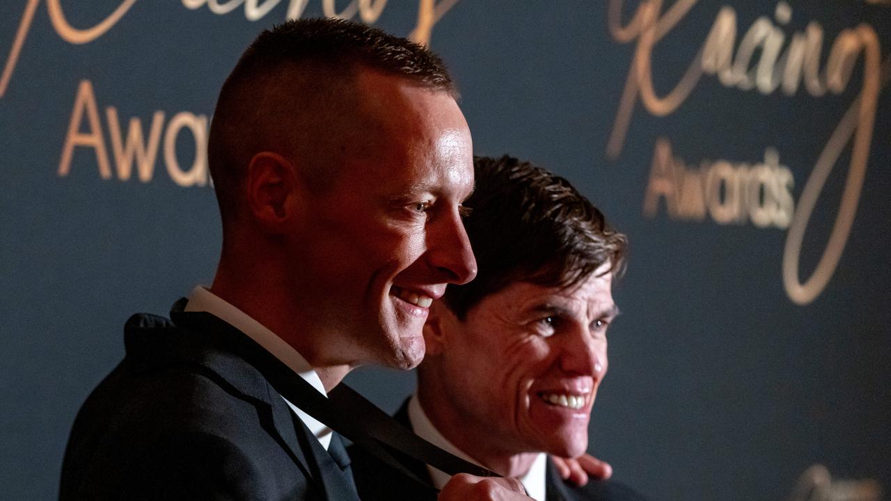 Jockey Blake Shinn with fellow jockey Craig Williams after Saturday night's Scobie Breasley Medal. Picture: Racing Photos