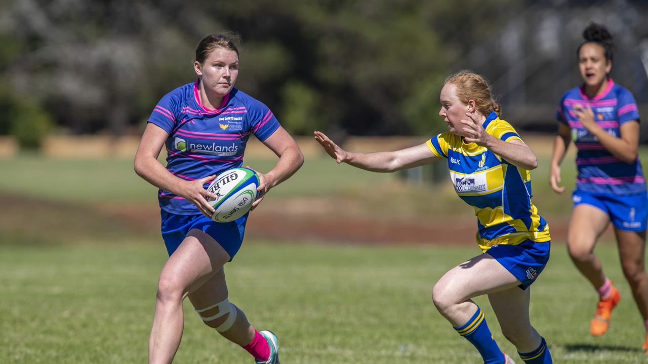 Briana Dascombe (left) was key figure for USQ Saints in 2021 before joining the Queensland Reds this year. Dascombe made her Super W debut for the Reds against Melbourne Rebels on April 2. Picture: Nev Madsen.