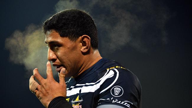 Cowboys Jason Taumalolo breath condensates as he comes off the field during the Round 18 NRL match between the Canberra Raiders and the North Queensland Cowboys at GIO Stadium in Canberra, Saturday, July 14, 2018. (AAP Image/Mick Tsikas) NO ARCHIVING, EDITORIAL USE ONLY