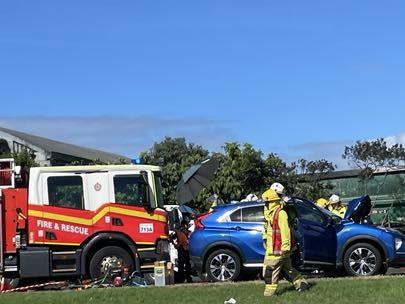 QFES, ambulance and police are on the scene of a three car pile up at Ray Jones Drive in Portsmith. Picture: Supplied