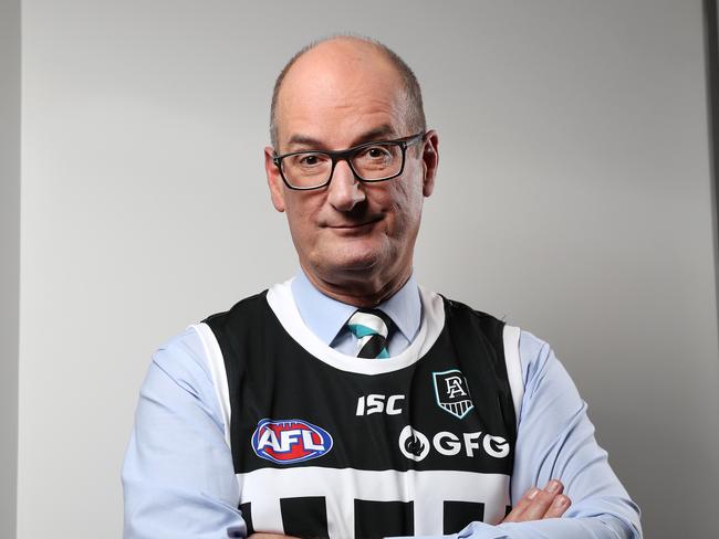 David Koch, Port Adelaide chairman, wearing the clubs black and white striped guernsey. The fight between Port Adelaide and Collingwood football clubs has heated up today with the fight over the wearing of the black and white guernsey referred to the AFL's legal department. Picture: Jonathan Ng