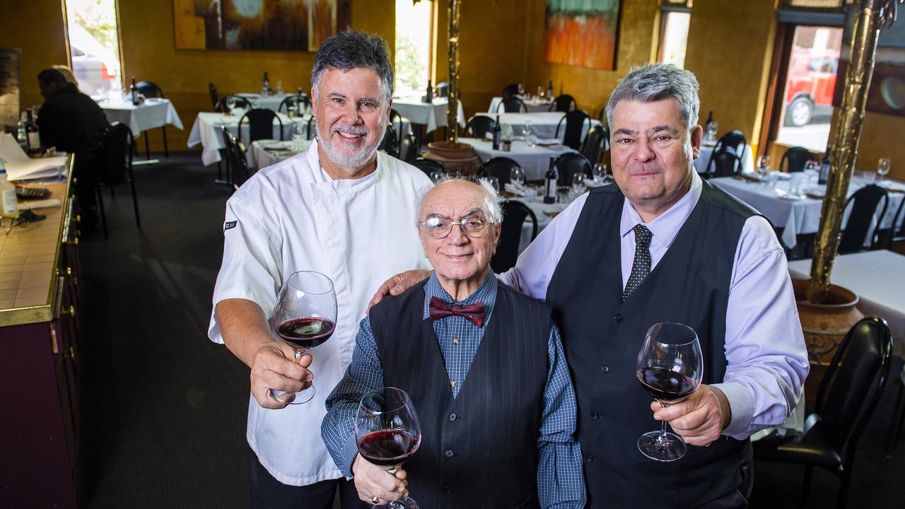 Cork &amp; Cleaver owner Stratos Pouras, middle, with his head chef Greg Favretto and manager Jim Boutsis in 2021. Picture: Mark Brake