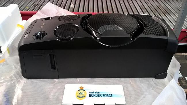 Australian Border Force intercepted an airfreight consignment of eight home audio speakers and found ice packaged inside. Picture: ABF