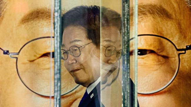Lee Jae-myung, the presidential candidate for South Korea's Democratic Party, prepares to address supporters as he awaits the final results of the presidential election in Seoul. Picture: Anthony Wallace/AFP