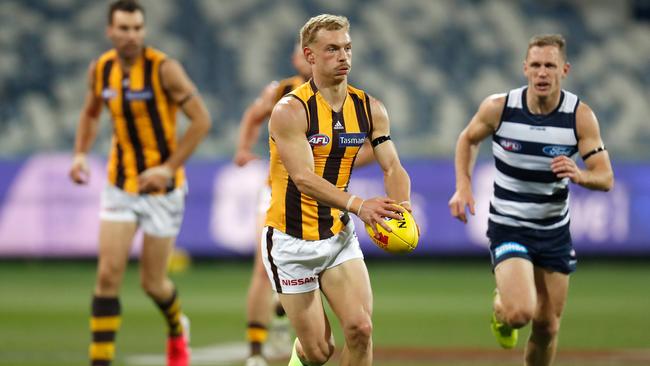 James Worpel moves Hawthorn forward in its heavy loss to Geelong.