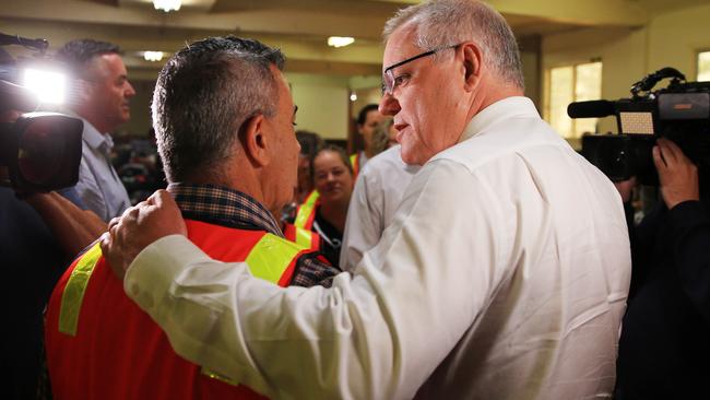 Scott Morrison at the donations centre in Lucknow on the outskirts of Bairnsdale. Aaron Francis/The Australian