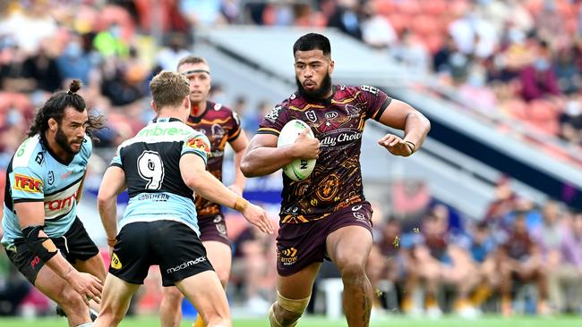 Payne Haas on the charge for the Broncos. Picture: Bradley Kanaris/Getty Images