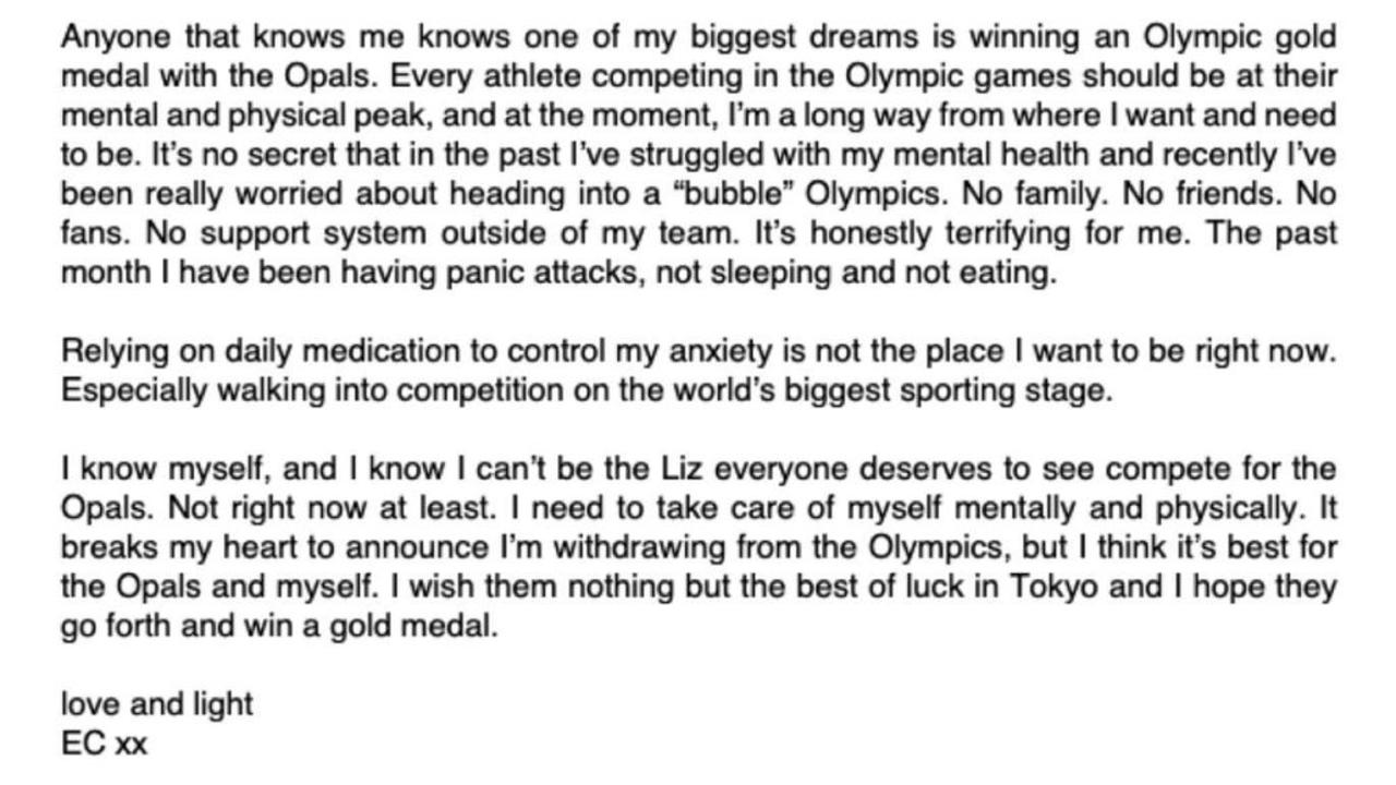 Australian basketballer Liz Cambage has decided to pull out of the Tokyo Olympics and posted her reason why on her Instagram account Picture: Instagram @ecambage