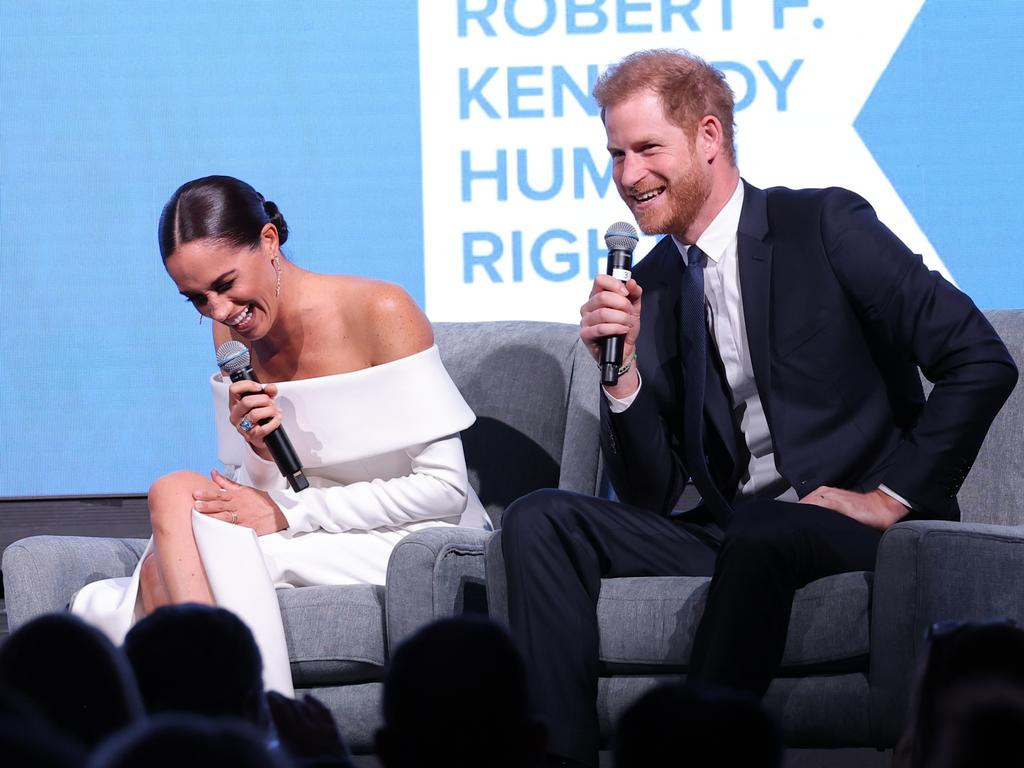 Meghan, Duchess of Sussex and Prince Harry, Duke of Sussex speak onstage at the 2022 Robert F. Kennedy Human Rights Ripple of Hope Gala. Picture: AFP